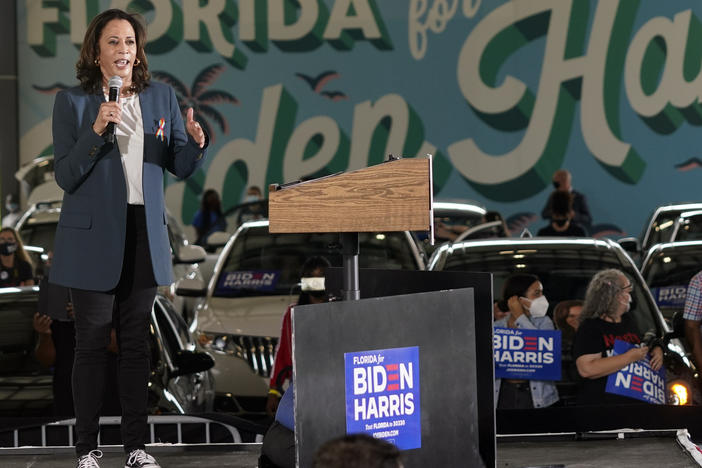Vice President Kamala Harris, then the Democratic vice presidential candidate, speaks to supporters at a campaign event in October in Orlando, Fla.