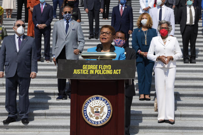 Rep. Karen Bass, D-Calif., lead author of the George Floyd Justice in Policing Act, speaks during an event on police reform last year at the U.S. Capitol.