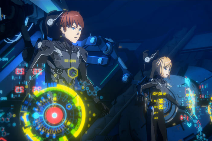 Taylor (voiced by Calum Worthy) and Hayley (voiced by Gideon Adlon) pilot a training Jaeger in the Netflix animated series <em>Pacific Rim: The Black</em>.