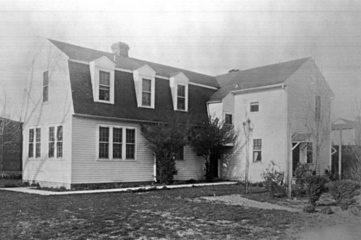 The Bray School building in its original location on Prince George Street in Williamsburg, Va., seen around 1928.