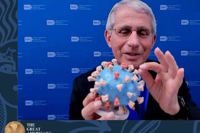 Dr. Anthony Fauci holds his personal 3D-printed model of the SARS-CoV-2 virion during the "Great Americans Awards Program."