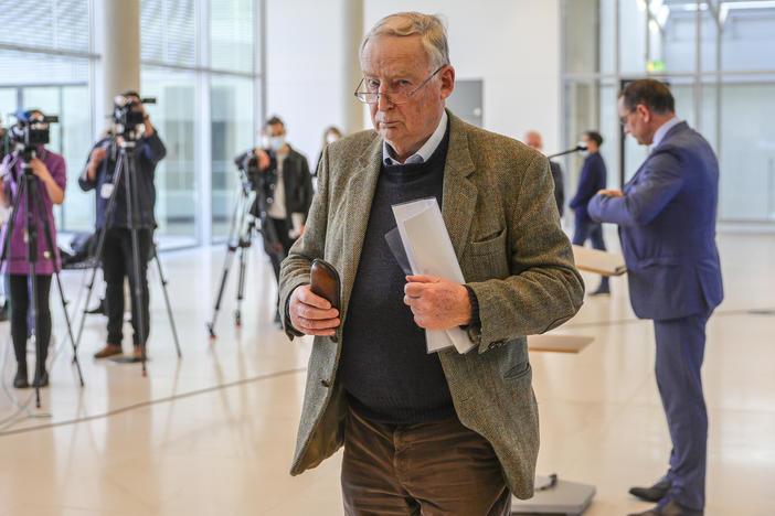 Alexander Gauland, a leader in Germany's right-wing AfD political party, leaves a news conference after discussing reports that the Office for the Protection of the Constitution has deemed his entire party under suspicion of being a threat to the constitution.