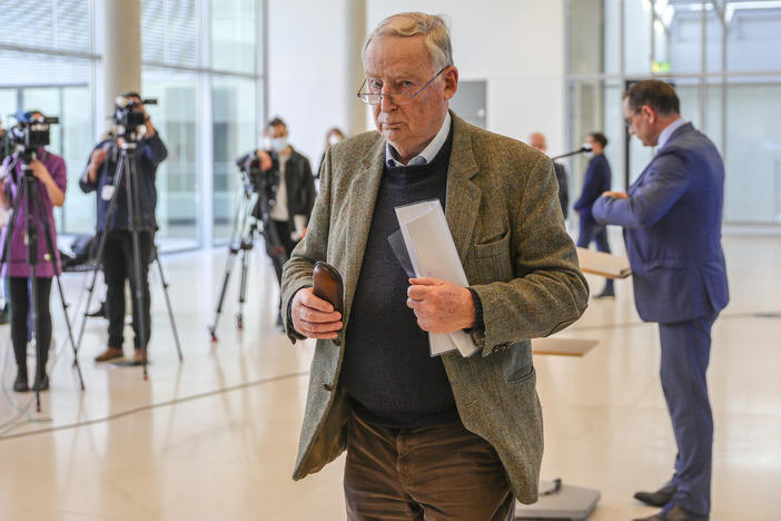 Alexander Gauland, a leader in Germany's right-wing AfD political party, leaves a news conference after discussing reports that the Office for the Protection of the Constitution has deemed his entire party under suspicion of being a threat to the constitution.