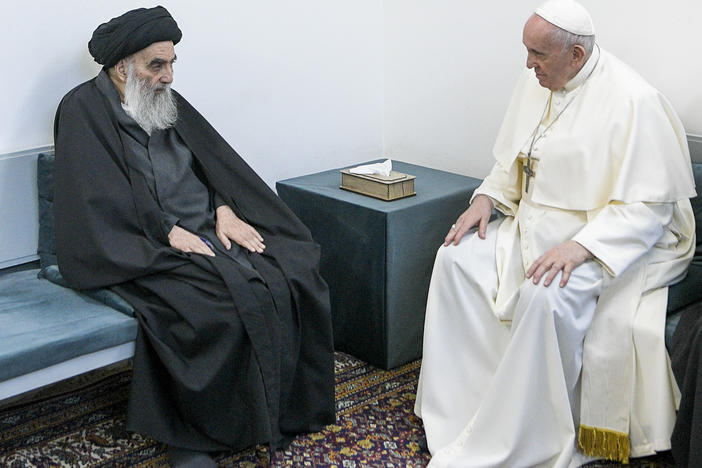 Pope Francis meets with Iraq's leading Shiite cleric, Grand Ayatollah Ali al-Sistani in the city of Najaf, Iraq, on March 6, 2021.