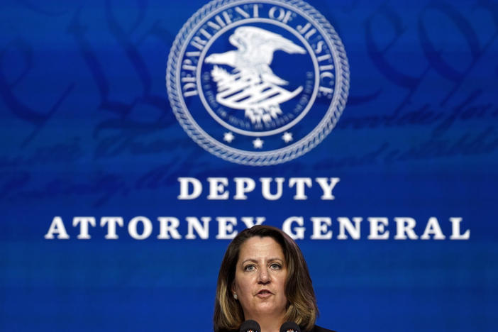 Deputy Attorney General nominee Lisa Monaco speaks during an event with then-President-elect Joe Biden in Wilmington, Del., on Jan. 7. Her confirmation hearing is on Tuesday.