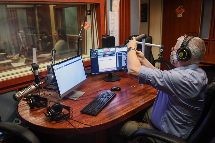 Radio journalists work in the studio at the headquarters of the independent Hungarian radio station, the Klubradio in Budapest on Feb. 9. It was removed from the airways after the national media regulator would not renew its license, raising new press freedom concerns in the European Union member state.