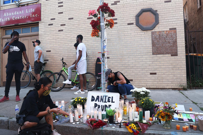 A memorial, pictured in Sept. 2020, commemorated the site where Daniel Prude was arrested in Rochester, N.Y. Prude died of asphyxiation after being restrained by police in March, and his family has filed a wrongful death lawsuit nearly a year later.