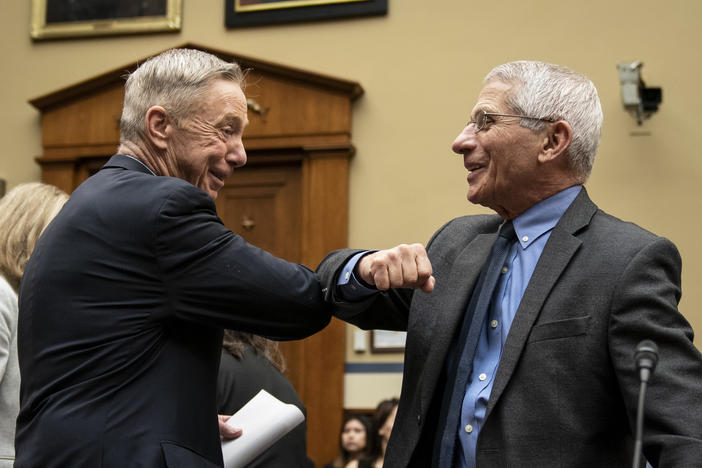 Before there were masks, there were elbow bumps. Rep. Stephen Lynch, D-Mass., and Dr. Anthony Fauci greet each other before a House Oversight and Reform Committee hearing on March 11, 2020.