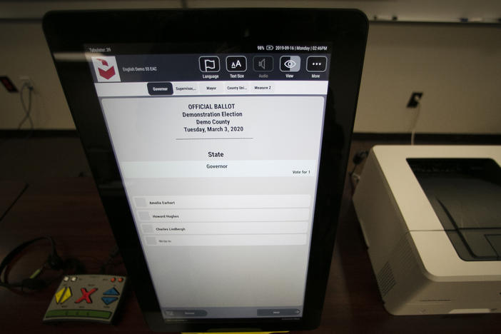 A sample ballot is shown using the Dominion Voting system, the machines that have been under attack by former President Trump following the 2020 elections.