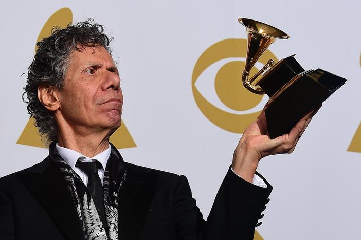 Chick Corea, holding a freshly won Grammy in the award ceremony's press room in LA on Feb. 8, 2015.