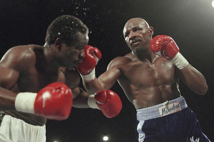 Marvin Hagler (right) versus John "The Beast" Mugabe on March 10, 1986. Hagler won the fight with an 11th round knockout.