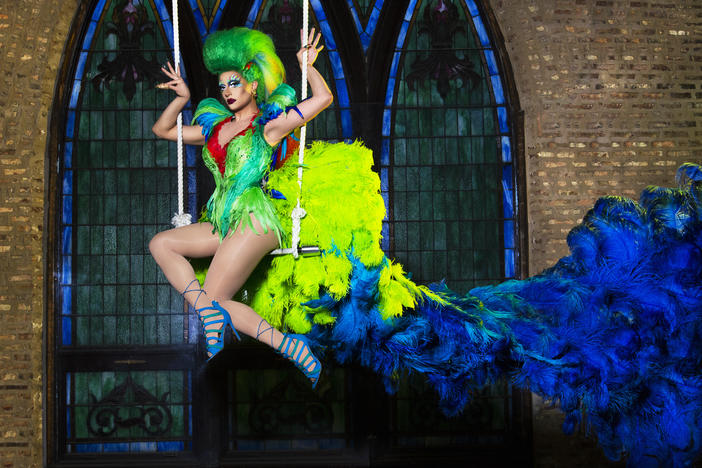 Photographer Adam Ouahmane captured Denali's dramatic train made of feathers inside an old church converted into a circus arts school in Chicago.