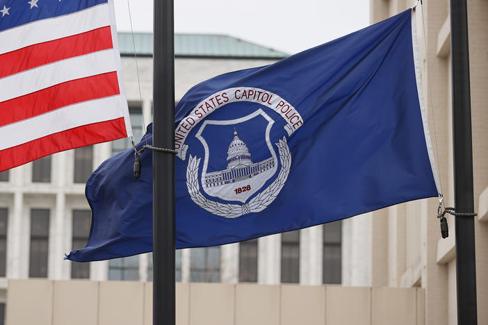 The U.S. flag and the U.S. Capitol Police flag were flown at half-staff after the death of Capitol Police officer Brian Sicknick. On Sunday, the FBI arrested two men who are accused of spraying chemicals on Sicknick and others during the Jan. 6 Capitol riot.