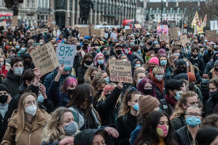 Protestors marched from Scotland Yard to Parliament Square in London on Sunday, the day after police forcibly arrested several participants of a vigil honoring Sarah Everard. The 33-year-old London resident's alleged kidnapping and murder have prompted a national reckoning over street harassment and violence against women.