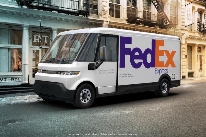 Pictured is a FedEx truck produced by BrightDrop, a General Motors company dedicated exclusively to electric delivery vehicles. FedEx was BrightDrop's first customer. The delivery company has pledged to replace its entire pickup and delivery fleet with electric vehicles by 2040.