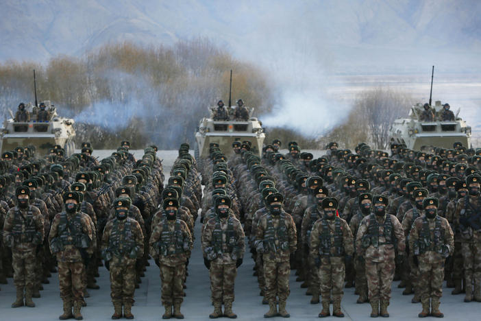 This Jan. 4 photo shows Chinese People's Liberation Army soldiers assembling during military training at Pamir Mountains in Kashgar, northwestern China's Xinjiang region.