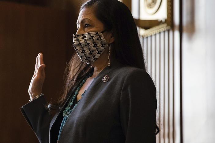 Rep. Deb Haaland D-N.M., sworn in during a Senate Committee hearing on Feb. 23 in Washington, D.C. She was confirmed as first Native American Interior Secretary on Mar. 15.