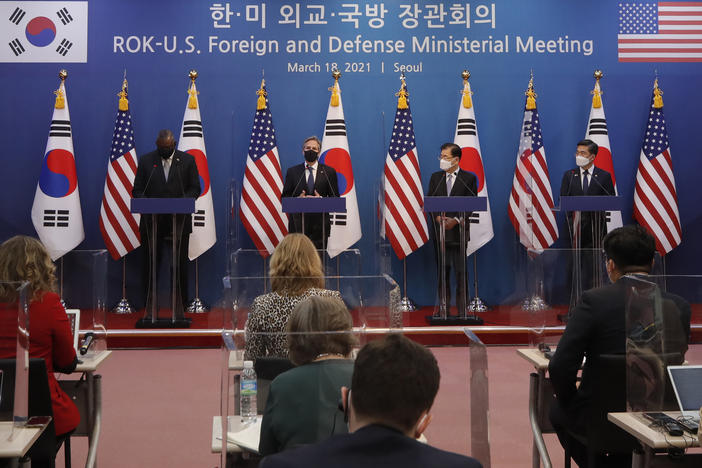 U.S. Secretary of State Antony Blinken (second from left) speaks as U.S. Defense Secretary Lloyd Austin (left), South Korean Foreign Minister Chung Eui-yong (second from right), and South Korean Defense Minister Suh Wook, right, listen during the joint press conference after their meeting Thursday at the Foreign Ministry in Seoul, South Korea.