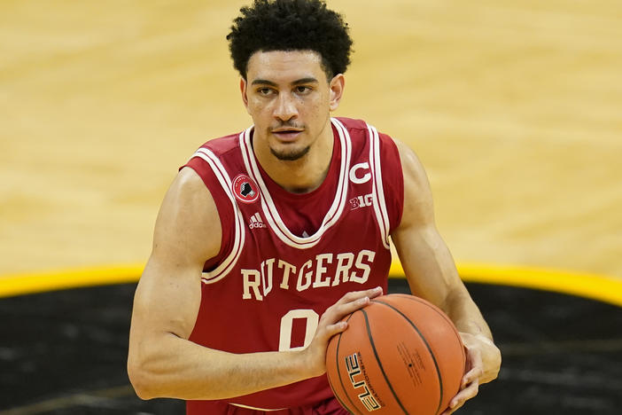 Rutgers guard Geo Baker, seen here last month, is one of the college basketball players leading a protest against the NCAA's rules preventing players from profiting from their own name, image and likeness.