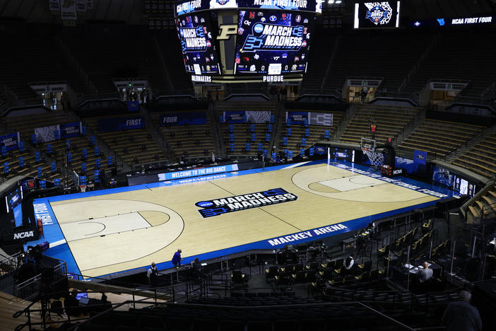 All men's NCAA Basketball Tournament games are being held in Indiana in a makeshift coronavirus bubble. Purdue's Mackey Arena in West Lafayette is hosting some of the early games.