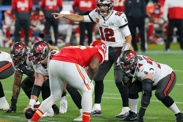 Tom Brady (12) of the Tampa Bay Buccaneers plays during the Super Bowl LV game against the Kansas City Chiefs in February.