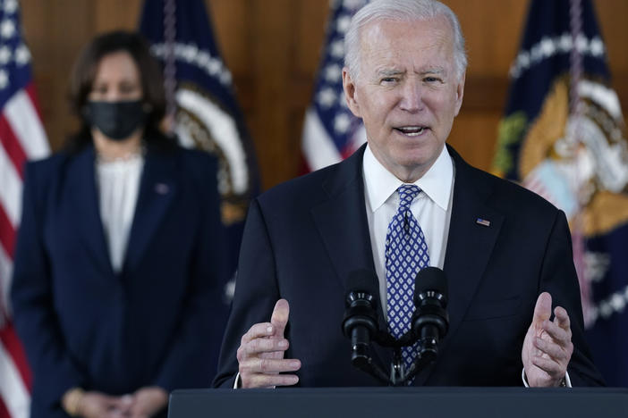 President Biden and Vice President Harris appear in Atlanta after meeting with leaders from Georgia's Asian American and Pacific Islander community on Friday.