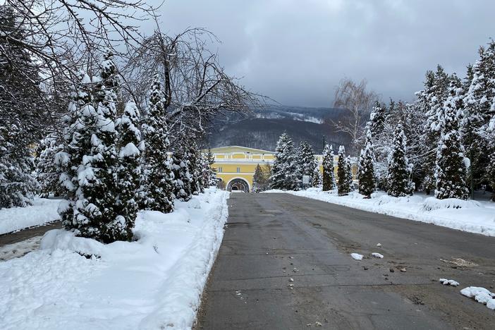 A golden arch marks the entrance to Nu Boyana Film Studios, nestled into the side of Vitosha Mountain in Sofia.