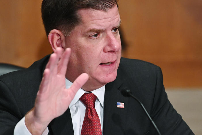 Marty Walsh is seen testifying at his confirmation hearing before the Senate Health, Education, Labor, and Pensions Committee as part of his nomination to head the Labor Department on Feb. 4 in Washington, D.C. Walsh was confirmed by the Senate as the Labor secretary on Monday.