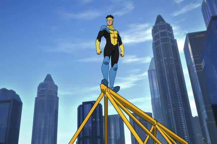 Young Mark Grayson (voiced by Steven Yeun) follows in his father's footsteps and adopts the heroic identity of Invincible in the Amazon Prime animated series.