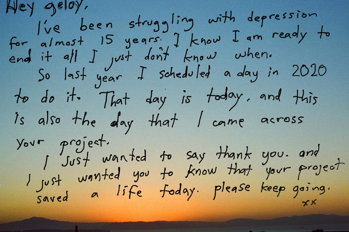 "The notes that really strike me are the ones that are talking directly to me or addressed to me," Geloy Concepcion said about the submissions to his project. "These entries are not just confiding ... they are talking directly from one human being to another. Every time I get those, they remind me that behind every note submitted is someone hoping I will read and listen to their sentiment."