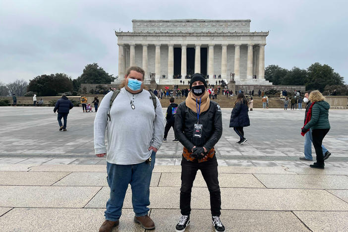 Distant cousins Cody (left) and Andrew meet in Washington, D.C. Cody is a member of a Three Percenter-affiliated militia group, and Andrew is an organizer with Black Lives Matter activists. The two connected on Facebook and have gotten to know each other while researching their ancestry.