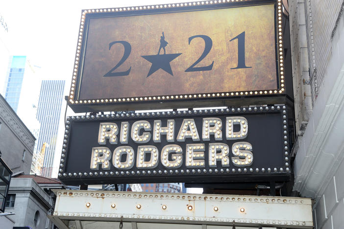 A sign of the "Hamilton" marquee at New York City's Richard Rogers Theater on Mar. 12, 2021, commemorating Broadway's "lost year" and a hope to return to live performances by fall 2021.