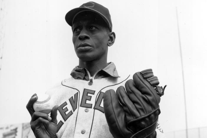 Satchel Paige is shown during a World Series game against the Boston Braves in Boston on Oct. 6, 1948. Paige and Larry Doby were two Black players who helped Cleveland's baseball team win the World Series.