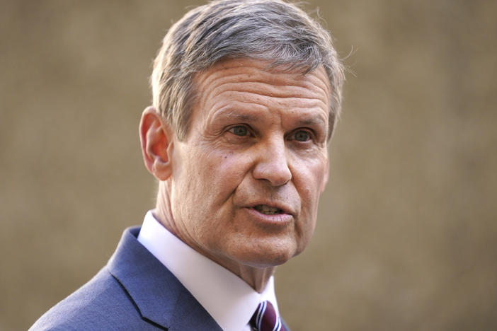 Tennessee Gov. Bill Lee speaks to reporters on Jan. 19, 2021, in Nashville, Tenn. Lee has signed into law a bill that bans transgender athletes from participating in girls' sports.