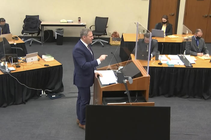 In this screen grab from video, prosecutor Steve Schleicher speaks as Hennepin County Judge Peter Cahill presides over jury selection earlier this month in the trial of former Minneapolis police officer Derek Chauvin in Minneapolis.