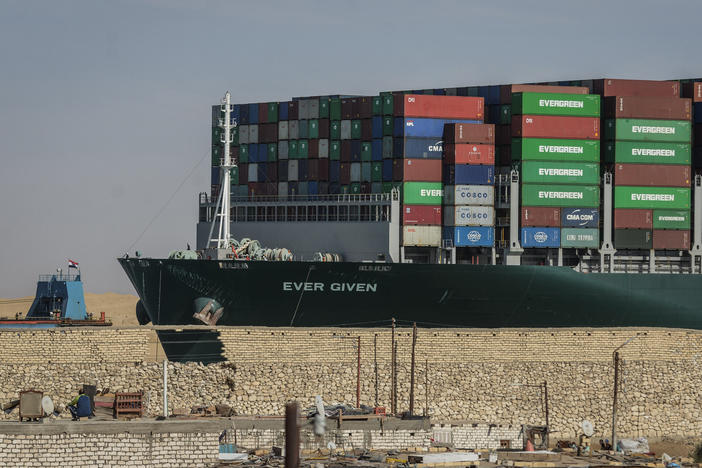 The Ever Given container ship, operated by the Evergreen Marine Corp., sails through the Suez Canal after it was fully freed and floated on Friday.