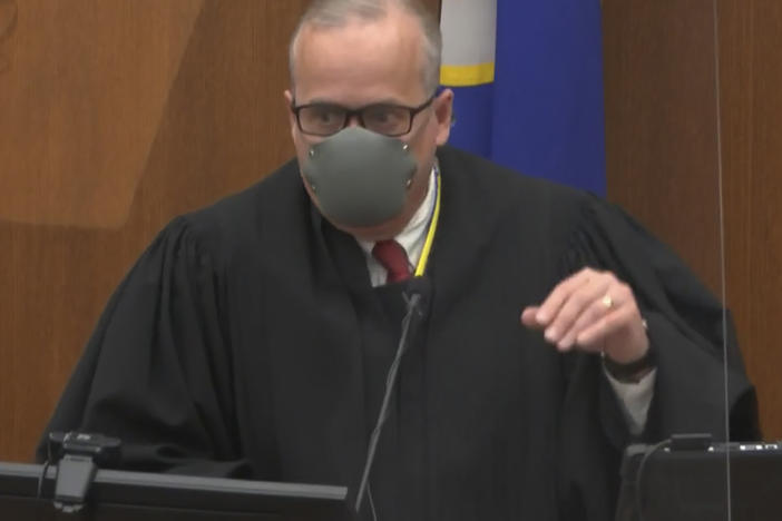 In this image from video, Hennepin County Judge Peter Cahill discusses motions before the court on Tuesday in the trial of former Minneapolis police officer Derek Chauvin at the Hennepin County Courthouse in Minneapolis.