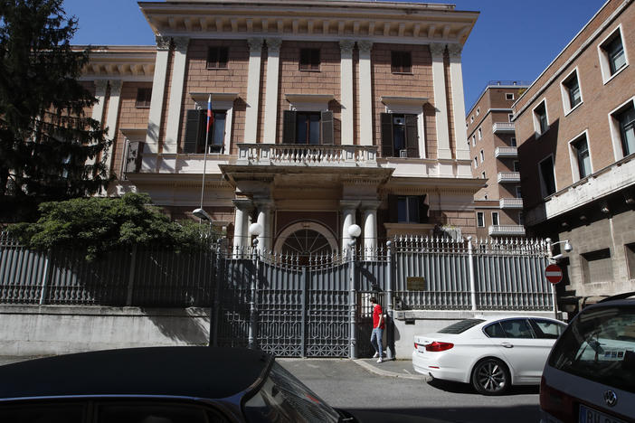 The Russian Embassy in Rome on Wednesda. Italy has ordered two Russian Embassy officials expelled and arrested an Italian Navy captain on spying charges after police caught the Italian allegedly giving classified documents to one of the Russians in exchange for money.