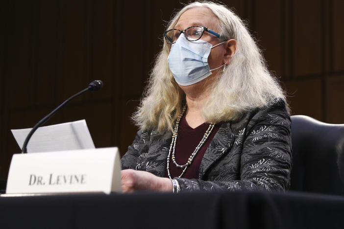 Dr. Rachel Levine during her confirmation hearing in February. In an NPR interview Thursday, Levine questions state measures limiting transgender rights.