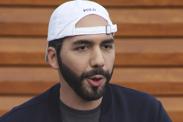 Salvadoran President Nayib Bukele speaks in February before the start of vaccinations for health care workers at the Atlacatl Medical Unit of the Salvadoran Social Security Institute in San Salvador, El Salvador.