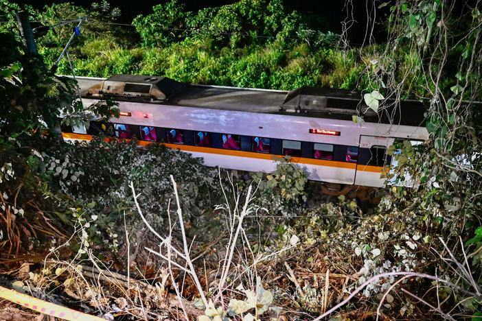 A section of a train that derailed inside a tunnel in the mountains of Hualien in eastern Taiwan on Friday.