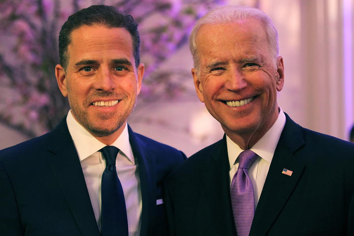 Hunter Biden, at the time serving as board chairman of World Food Program USA, with then-Vice President Joe Biden in 2016. Hunter Biden says his addictions worsened after his brother Beau's death in 2015.