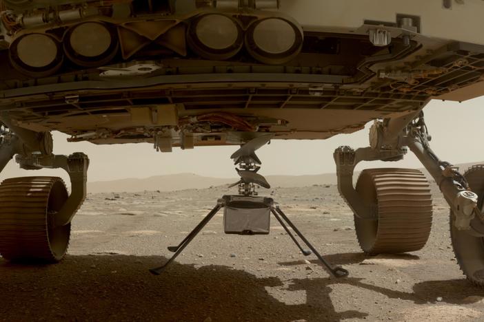 NASA's Ingenuity helicopter with all four of its legs deployed before dropping from the belly of the Perseverance rover on March 30, 2021.