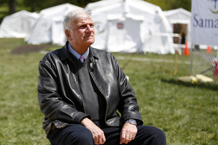 The Rev. Franklin Graham, president and CEO of Samaritan's Purse, sits for a portrait at his group's field hospital in New York's Central Park in May. Graham has spoken out in support of COVID-19 vaccines.