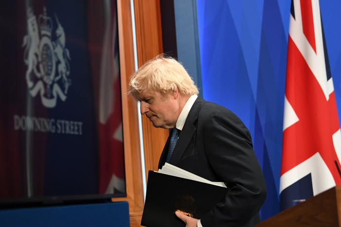British Prime Minister Boris Johnson following a media briefing on COVID-19 in Downing Street, Monday in London.