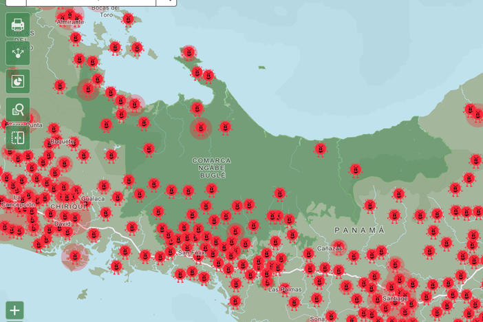 Doviaza's maps overlay the daily number of COVID cases reported by the health ministry (depicted as the spike protein of the virus, shown in red) with locations of indigenous communities (dark green).