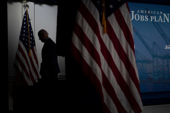President Biden leaves after speaking about his sprawling $2.3 trillion American Jobs Plan on Wednesday.