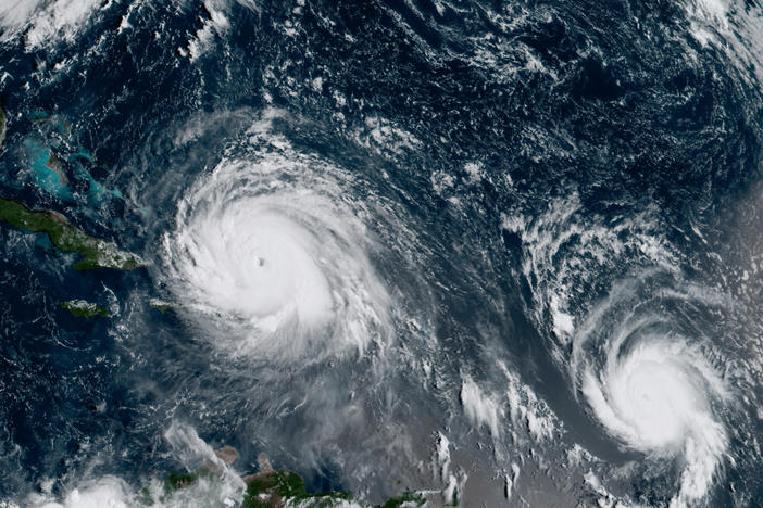 A satellite image from September 2017 shows Hurricane Irma, left, and Hurricane Jose, right, in the Atlantic Ocean. NOAA says the average annual number of tropical storms in the Atlantic has slightly increased.