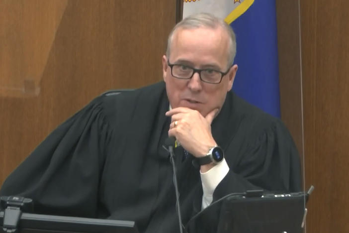 Hennepin County Judge Peter Cahill discusses motions before the court Monday. He denied the defense request to question jurors again after a fatal police shooting Sunday and immediately sequester them in the trial of former Minneapolis police officer Derek Chauvin.