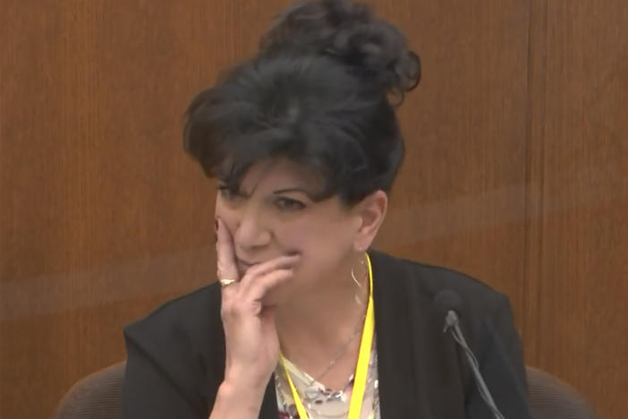 In this image from video, former paramedic Michelle Moseng testifies on Tuesday in the trial of former Minneapolis police Officer Derek Chauvin at the Hennepin County Courthouse in Minneapolis, Minn.